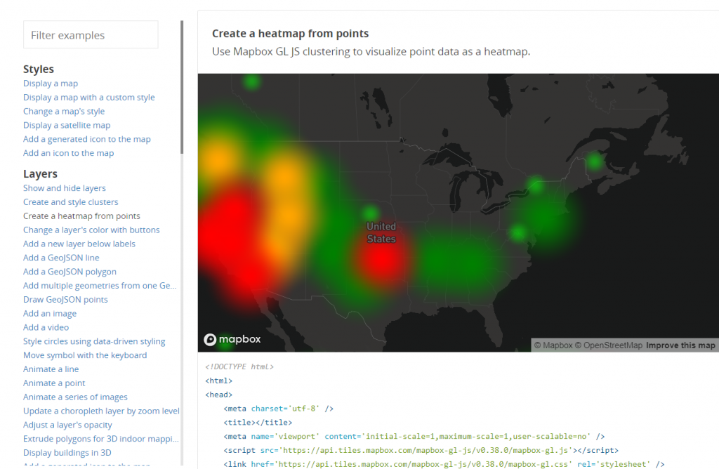 Mapbox GL JS web script library examples