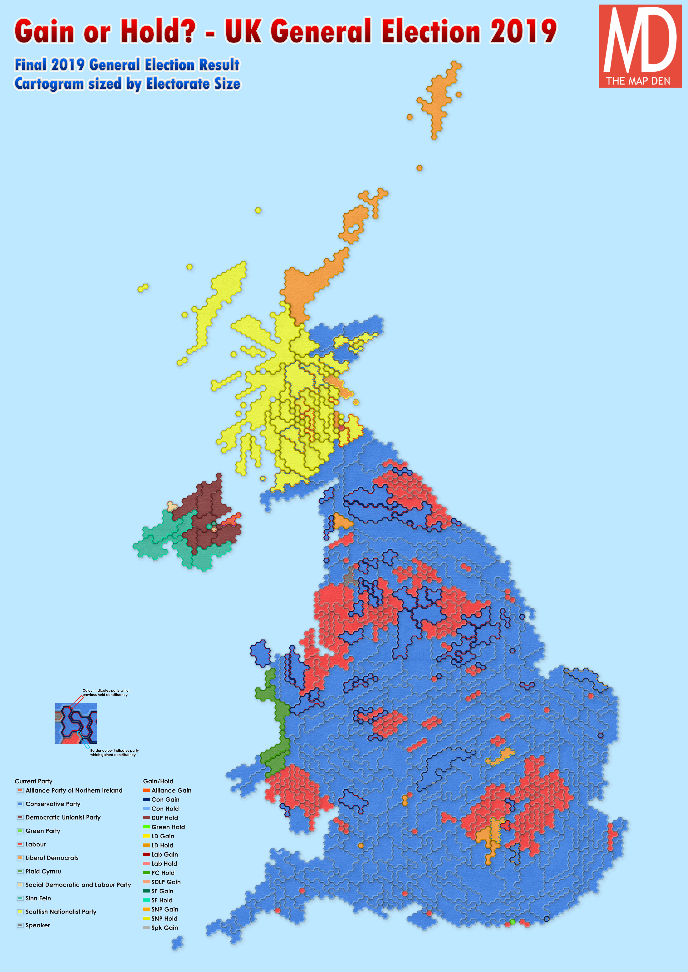 UK 2019 General Election Gains and Holds Map Cartogram