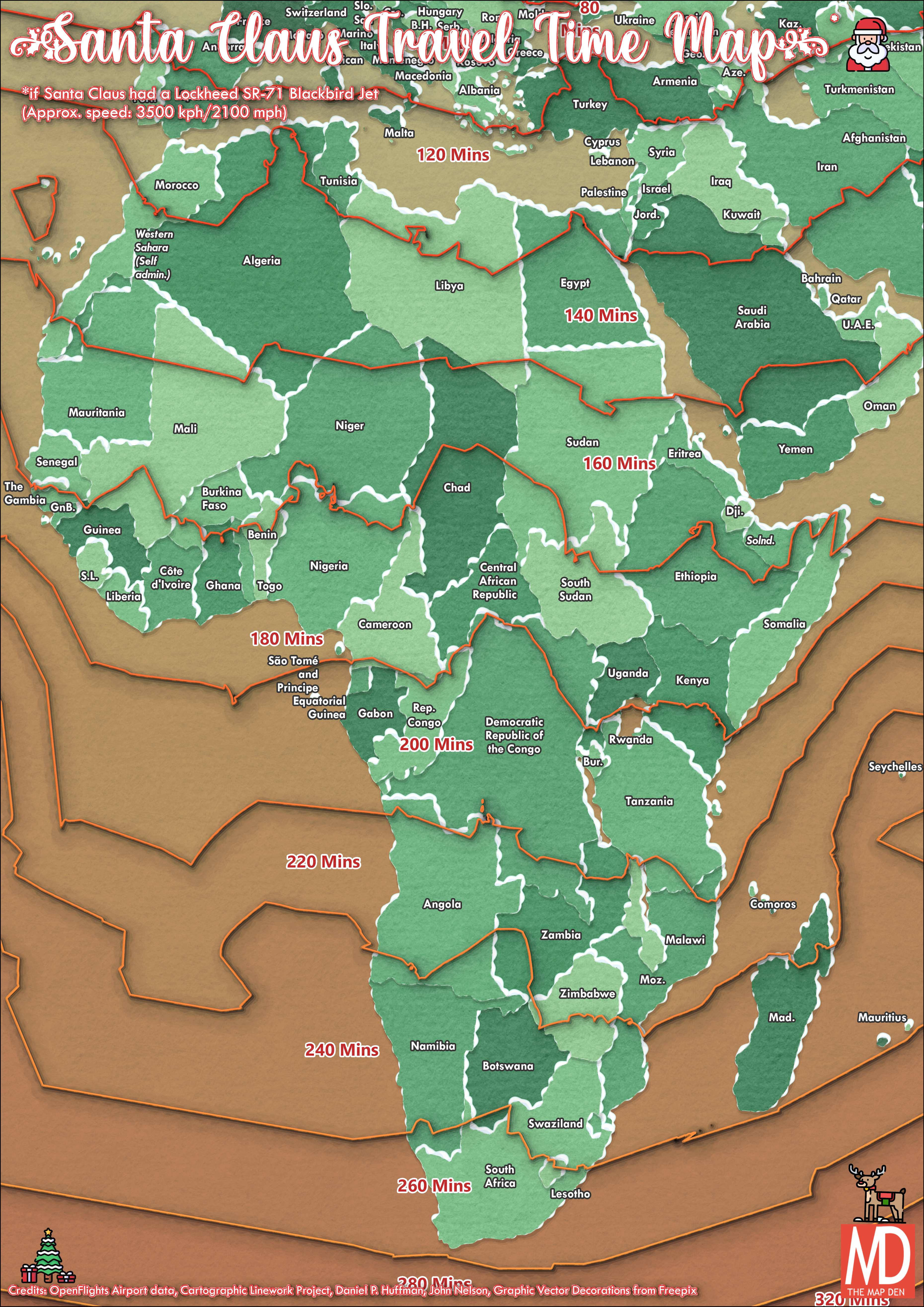 Santa Claus Travel Time Map - Africa - The time contours range from 140 minutes in Northern Africa to 260 minutes in Southern Africa