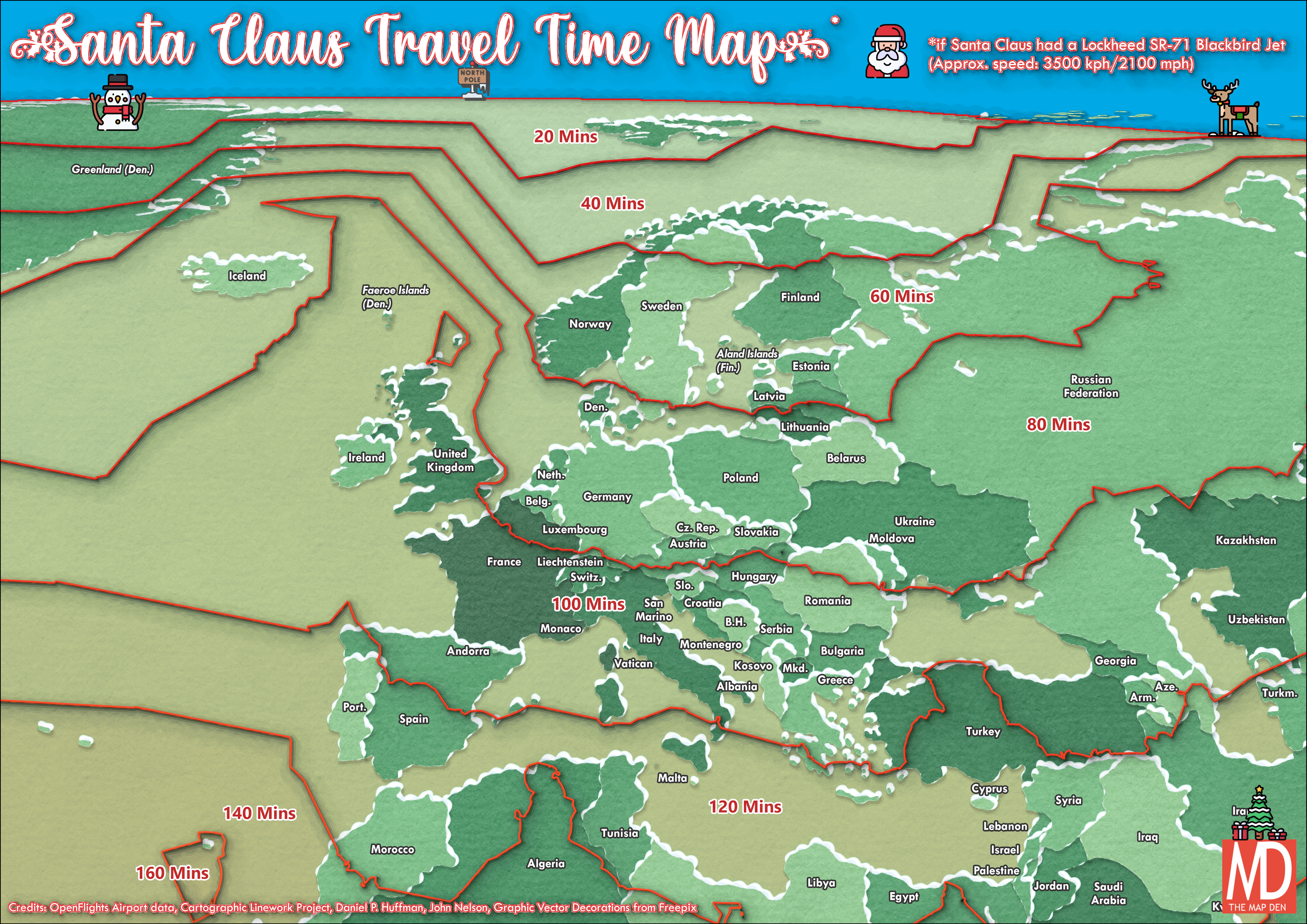 Santa Claus Travel Time Map - Europe - The travel times ranges from 40 minutes in far northern Scandinavia, to 120 minutes in the Mediterranean Sea and southern Spain and Greece