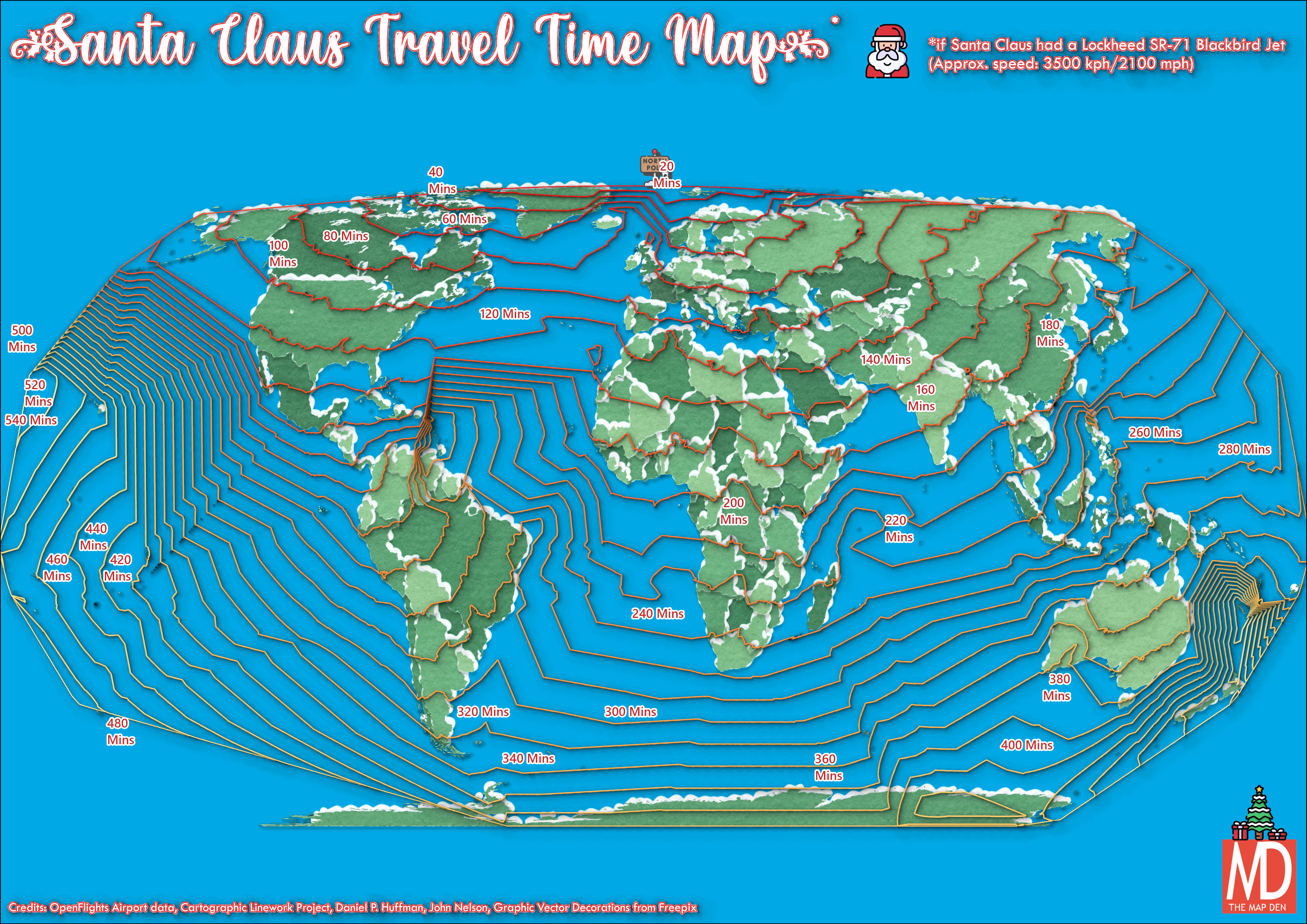 Santa Claus Travel Time Map - World - The travel times ranges from 20 minutes in the North Pole, 200 minutes in central Africa and 420 minutes in Antarctica. The longest is Hawaii at 500 minutes, quickest northern Greenland at 20 minutes